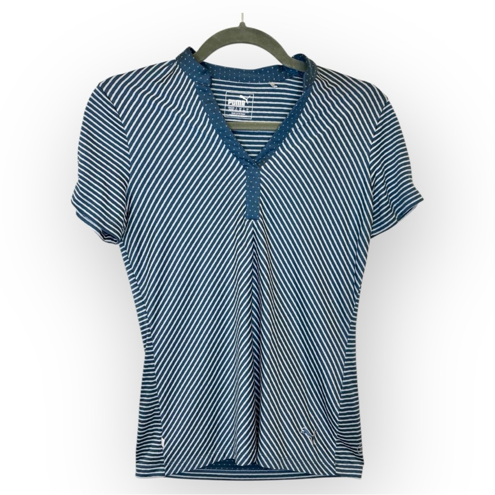 Puma Golf Navy Stripe Dot Trim Performance Polo Shirt Activewear Top XS